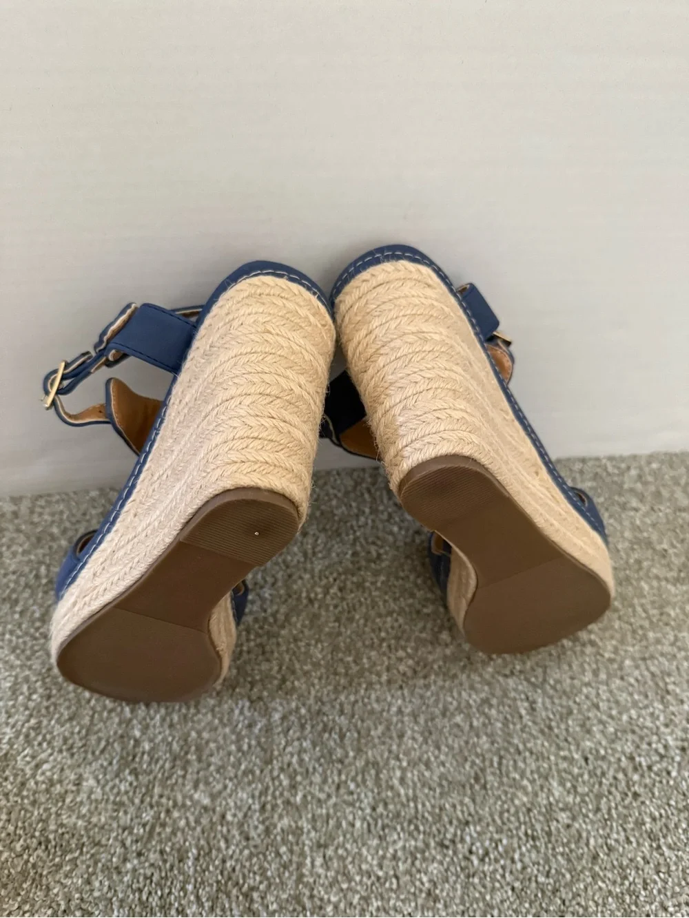 Women's Gray Blue Wedge Espadrille Sandals with Ankle Strap